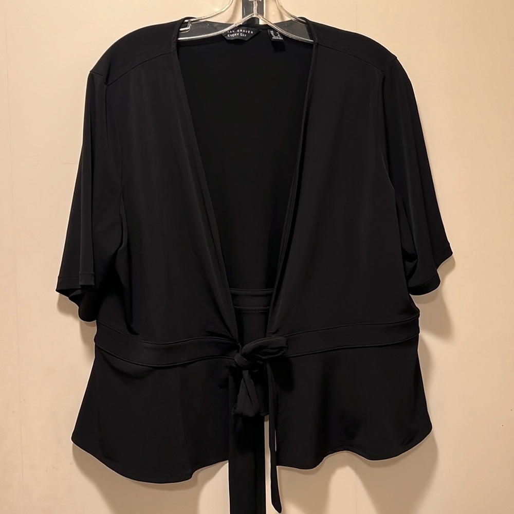 Susan Graver Large Black Liquid Knit Peplum Style Shrug Tie-Front Cardigan